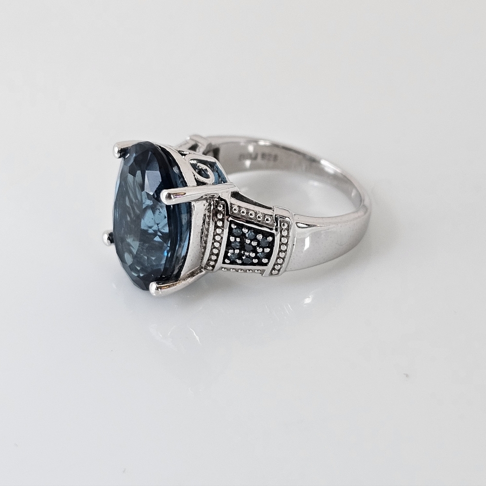 Natural London Blue Topaz & Teal Diamond Ring in Sterling Silver Sz 9! - Picture 14 of 16